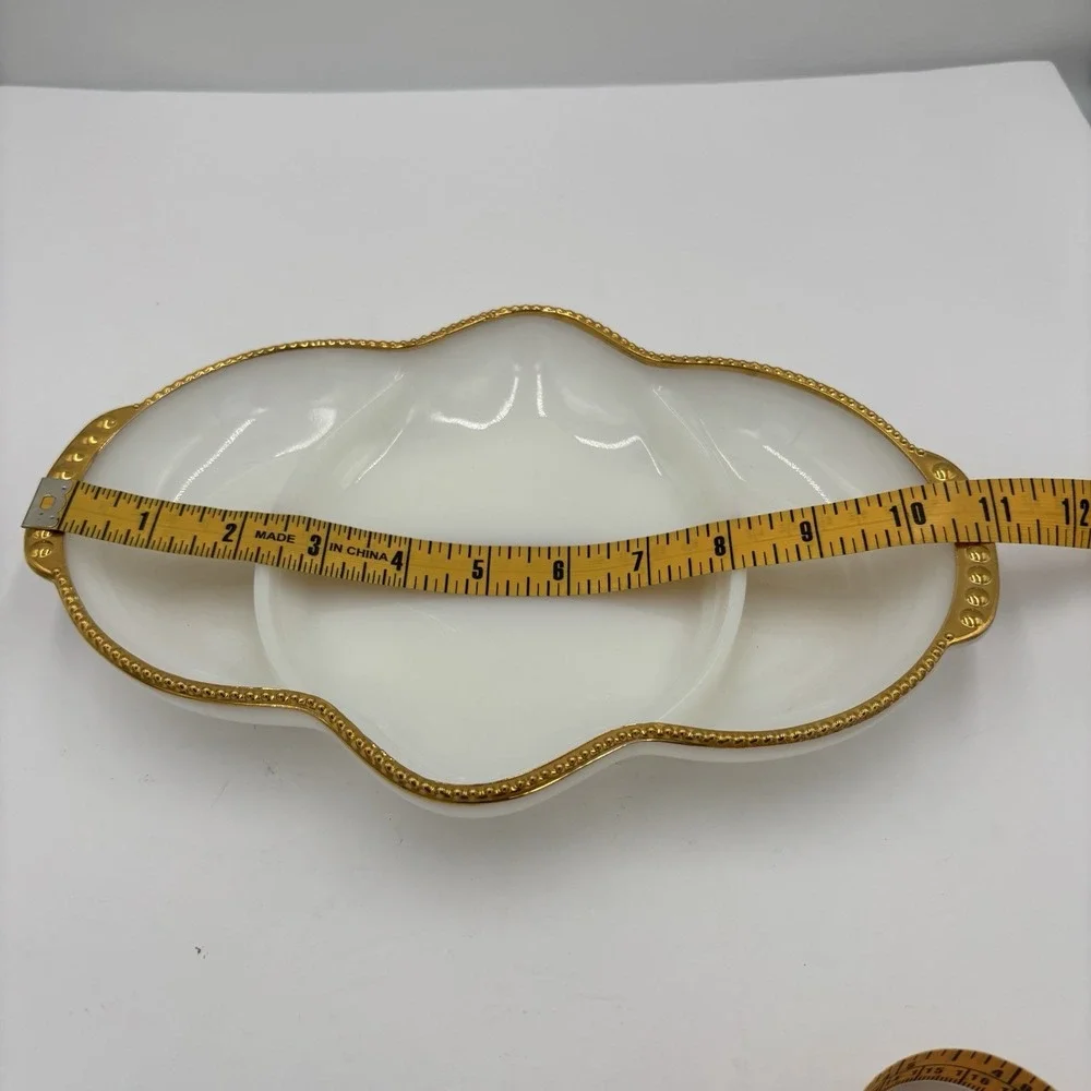 Vintage Fire King Milk Glass Divided Relish Candy Dish Gold Trim Oven Ware Serve
